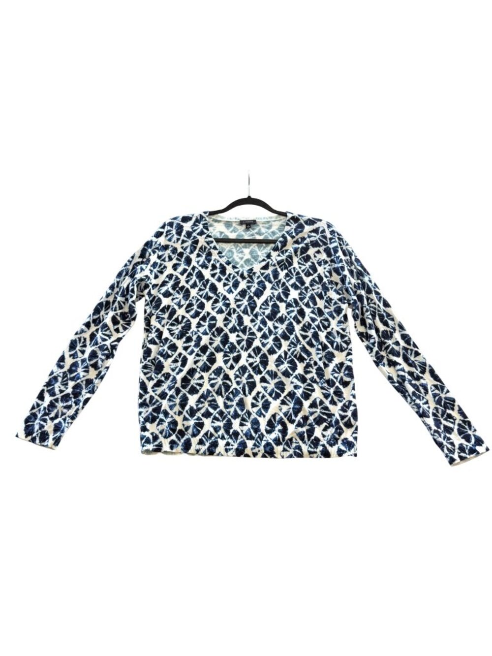 Talbots  VNeck Sweater S Womens Blue Batik Foulard White Cotton Rayon Blend